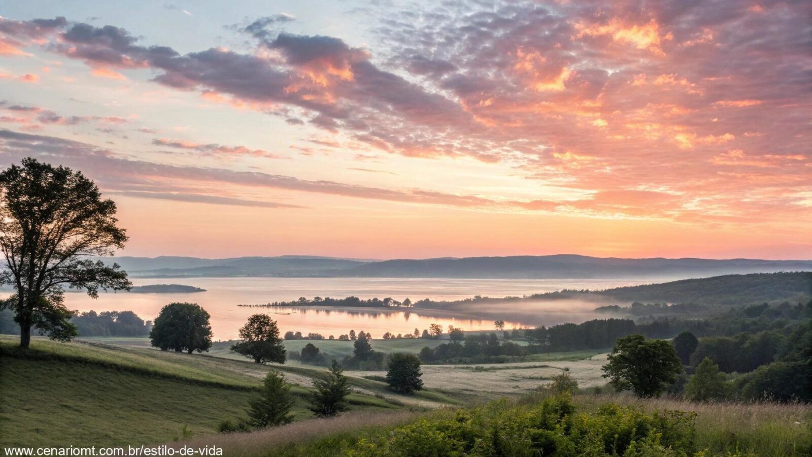 Imagem de um amanhecer tranquilo sobre uma paisagem serena, com cores suaves preenchendo o céu, simbolizando esperança e um novo começo para um grupo religioso na manhã de quinta-feira.