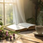 Cena de manhã tranquila com luz suave iluminando uma mesa de madeira com uma xícara de café e uma Bíblia aberta, cercada por plantas e flores verdes, criando uma atmosfera serena para um grupo religioso começar o dia.