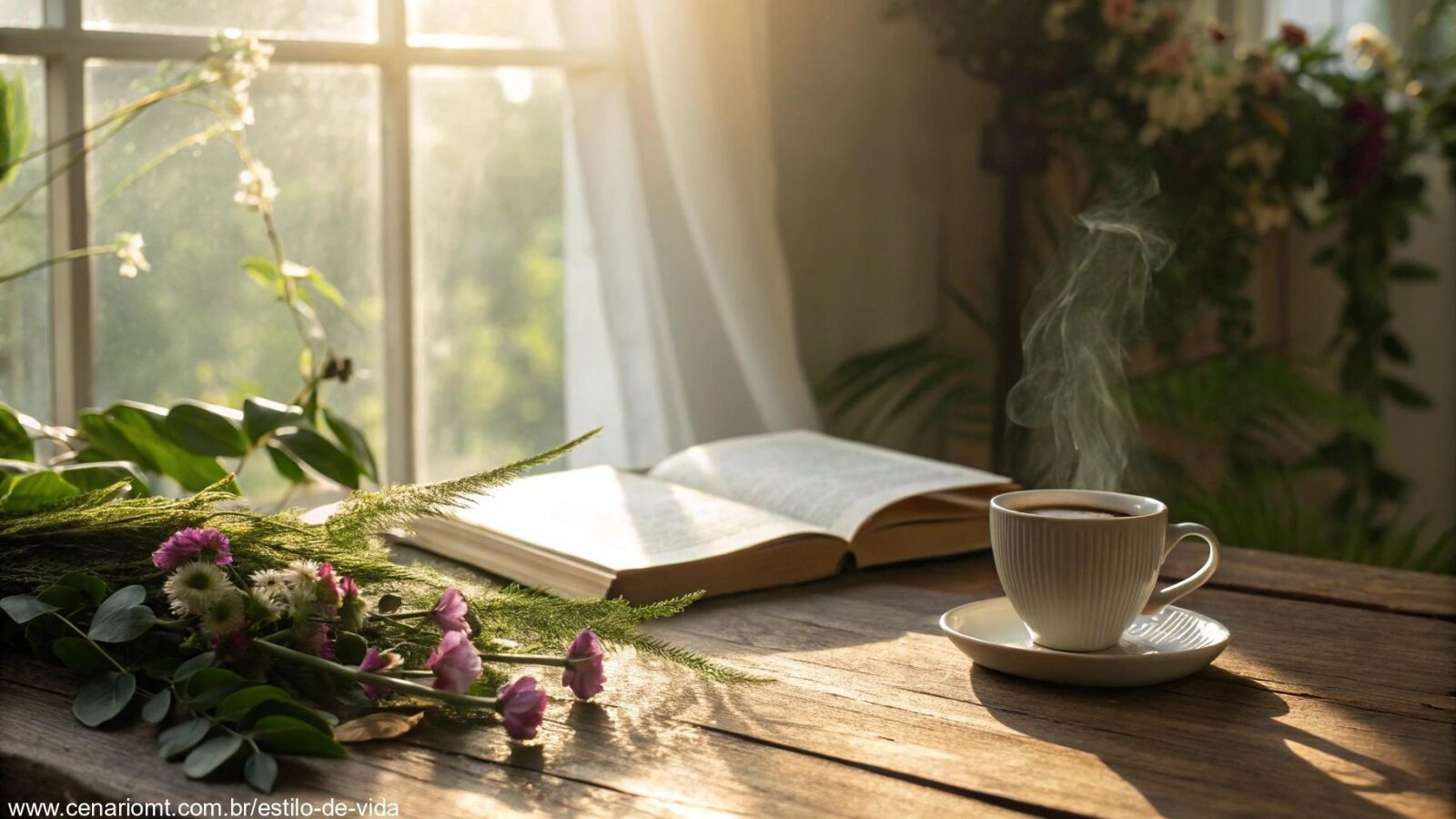 Cena de manhã tranquila com luz suave iluminando uma mesa de madeira com uma xícara de café e uma Bíblia aberta, cercada por plantas e flores verdes, criando uma atmosfera serena para um grupo religioso começar o dia.
