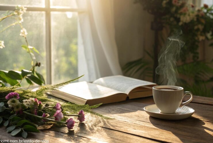 Cena de manhã tranquila com luz suave iluminando uma mesa de madeira com uma xícara de café e uma Bíblia aberta, cercada por plantas e flores verdes, criando uma atmosfera serena para um grupo religioso começar o dia.