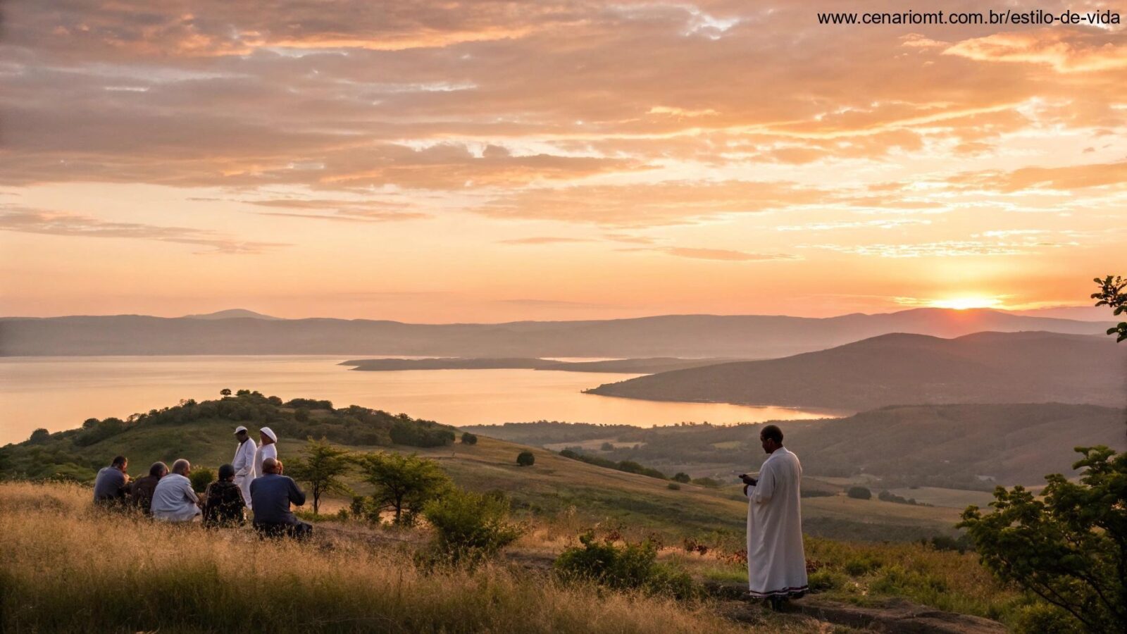 Amanhecer tranquilo sobre uma paisagem calma, simbolizando esperança e fé para um grupo religioso na manhã de sexta-feira.