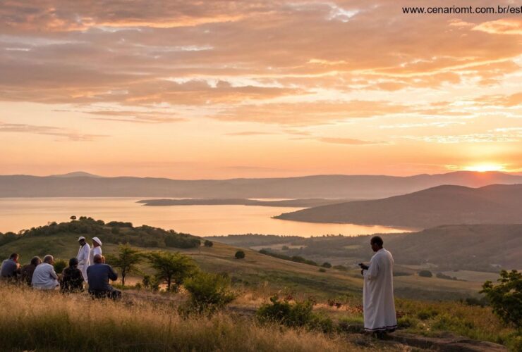 Amanhecer tranquilo sobre uma paisagem calma, simbolizando esperança e fé para um grupo religioso na manhã de sexta-feira.