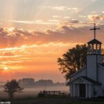 Uma imagem de um amanhecer tranquilo sobre uma igreja, com raios suaves de luz iluminando uma cruz, simbolizando esperança e renovação.