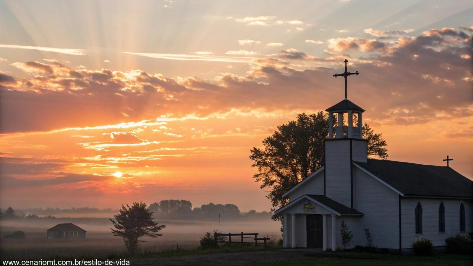 Uma imagem de um amanhecer tranquilo sobre uma igreja, com raios suaves de luz iluminando uma cruz, simbolizando esperança e renovação.