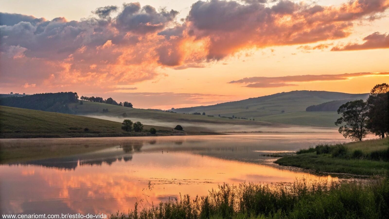Mensagem de bom dia com uma paisagem tranquila ao amanhecer, criando uma sensação de paz e esperança.