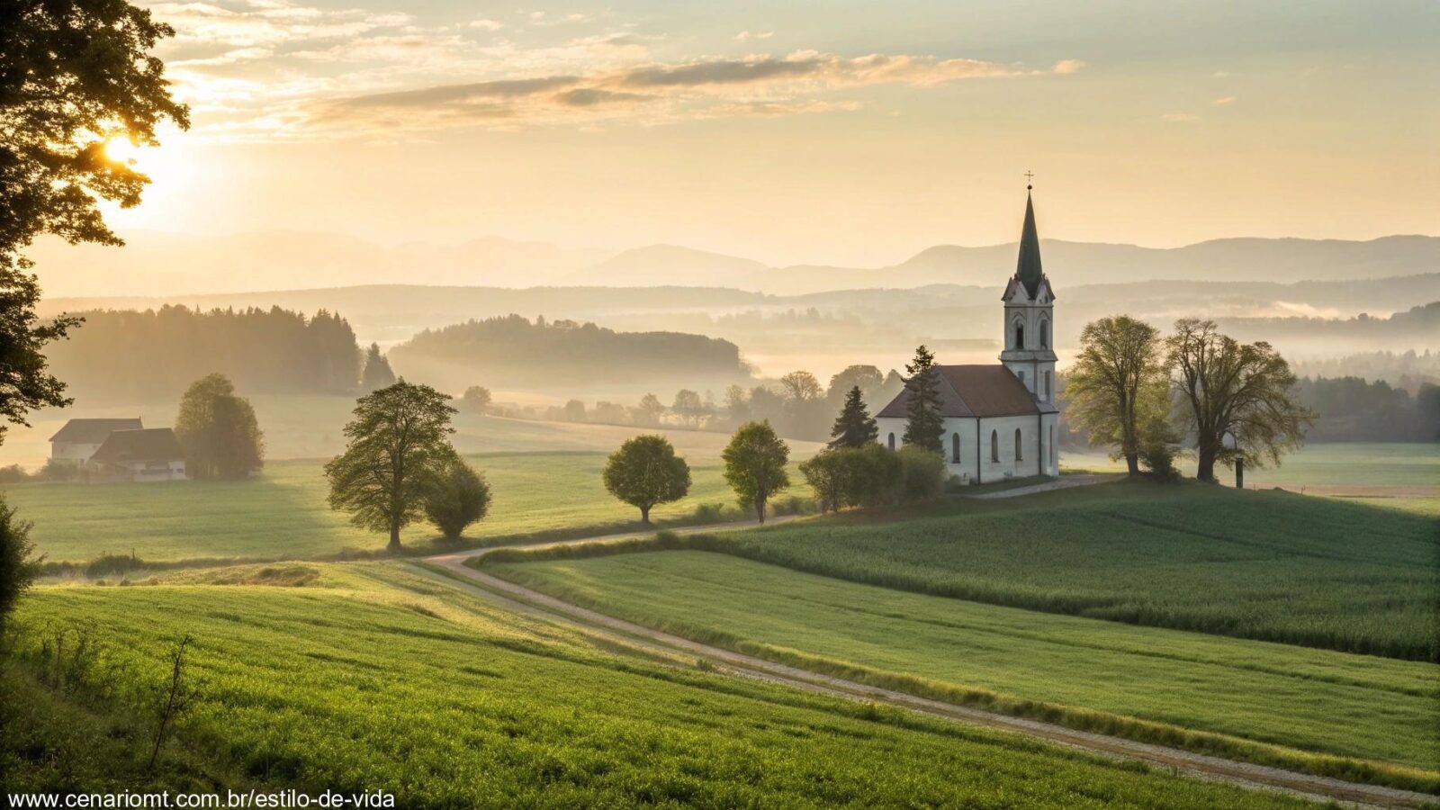 Paisagem tranquila de manhã com luz suave iluminando uma igreja distante, cercada por campos verdes, simbolizando uma manhã calma e abençoada de terça-feira para um grupo religioso.