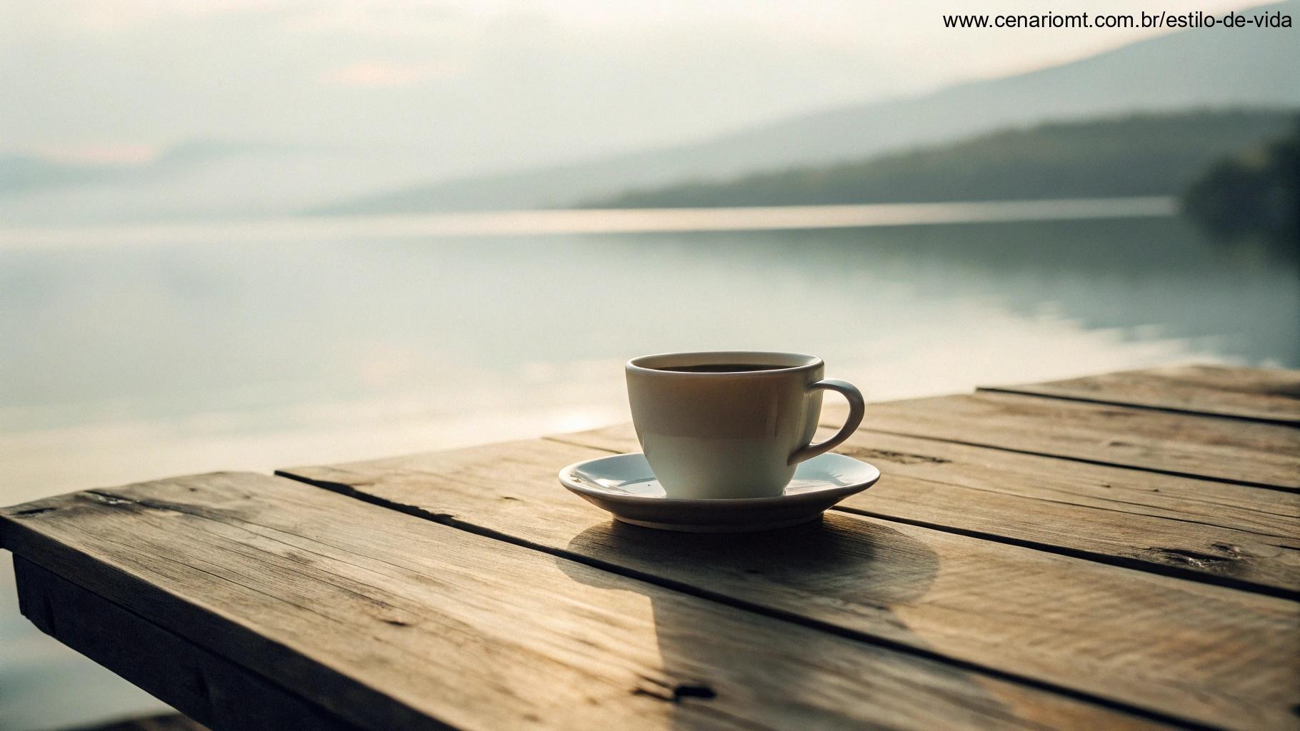 Uma xícara de café tranquila, simbolizando um começo calmo de dia.