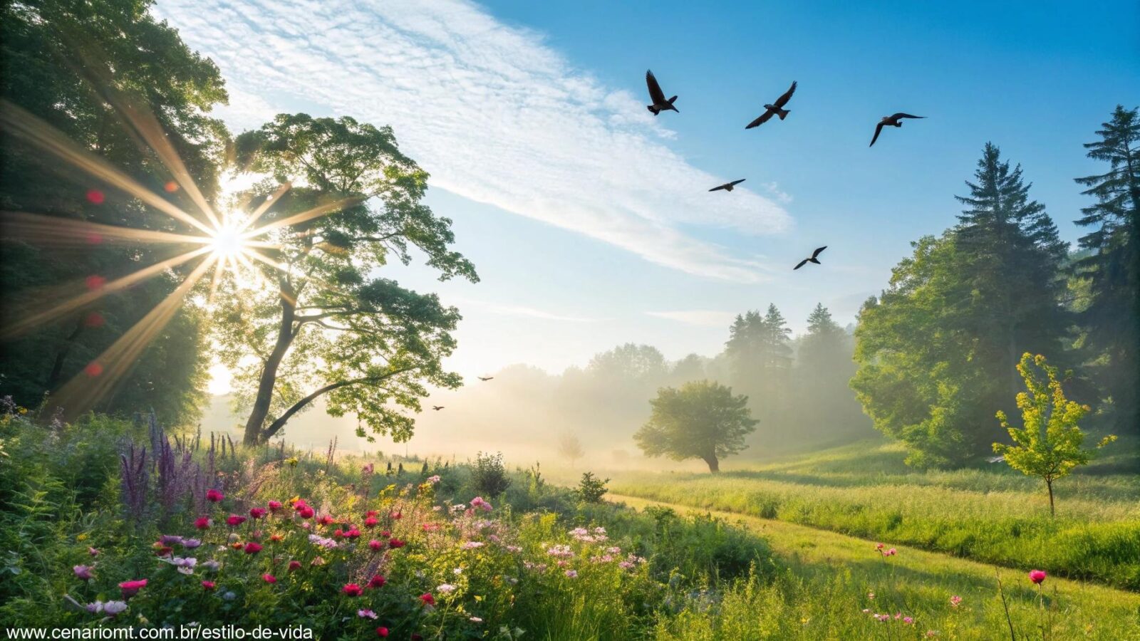 Paisagem de manhã vibrante com luz do sol, árvores, pássaros no céu e flores, representando uma quarta-feira cheia de energia positiva.