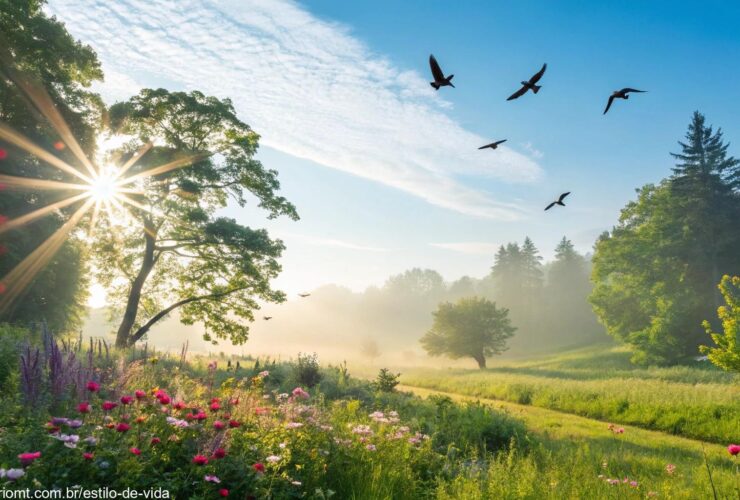 Paisagem de manhã vibrante com luz do sol, árvores, pássaros no céu e flores, representando uma quarta-feira cheia de energia positiva.