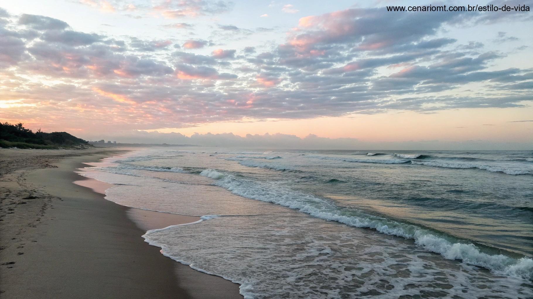 Luz suave da manhã sobre uma praia calma com ondas suaves.