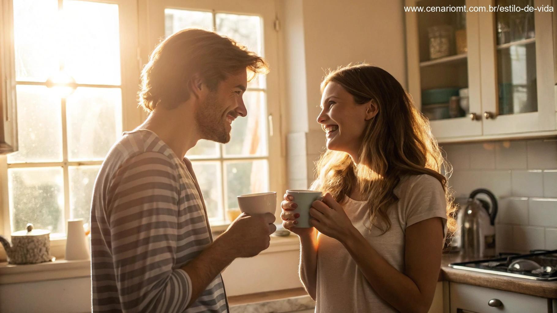 Casal aproveitando a manhã juntos, trocando sorrisos com café.