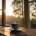 Cena tranquila de manhã com luz suave entrando pela janela, uma xícara de café na mesa e uma atmosfera calma.
