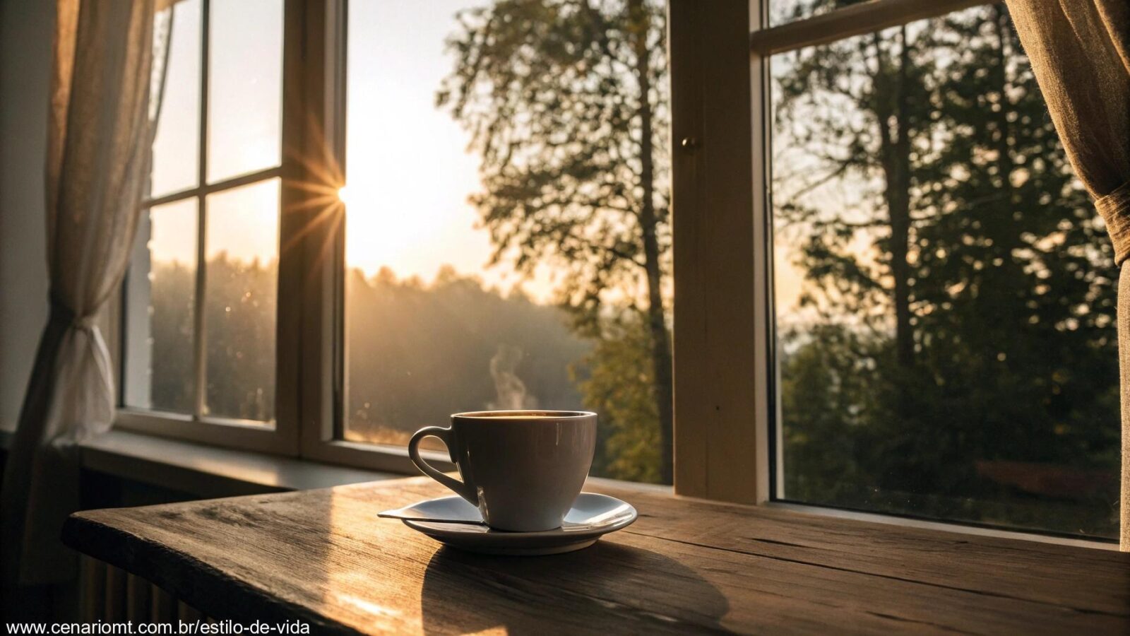 Cena tranquila de manhã com luz suave entrando pela janela, uma xícara de café na mesa e uma atmosfera calma.
