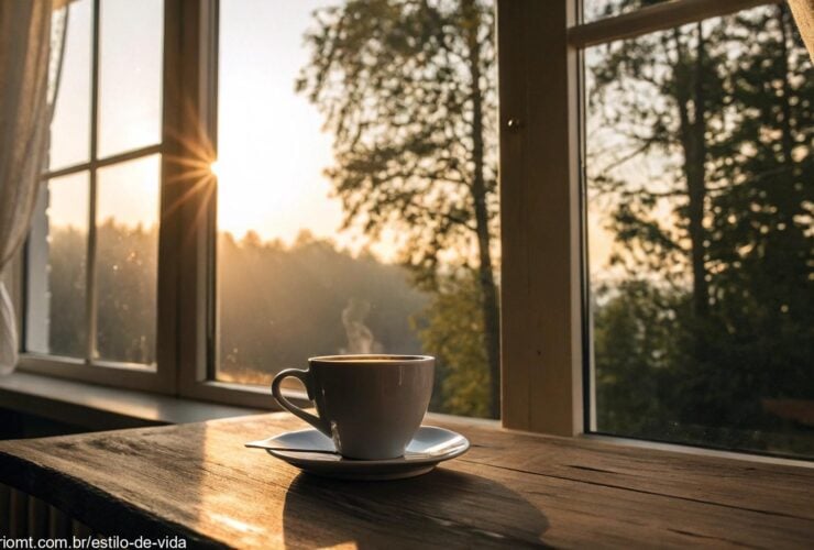 Cena tranquila de manhã com luz suave entrando pela janela, uma xícara de café na mesa e uma atmosfera calma.