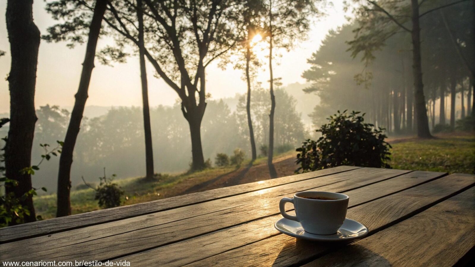 Mensagem de bom dia para quinta-feira com luz suave e uma xícara de café em uma mesa de madeira.