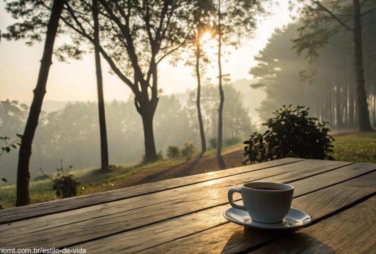 Mensagem de bom dia para quinta-feira com luz suave e uma xícara de café em uma mesa de madeira.