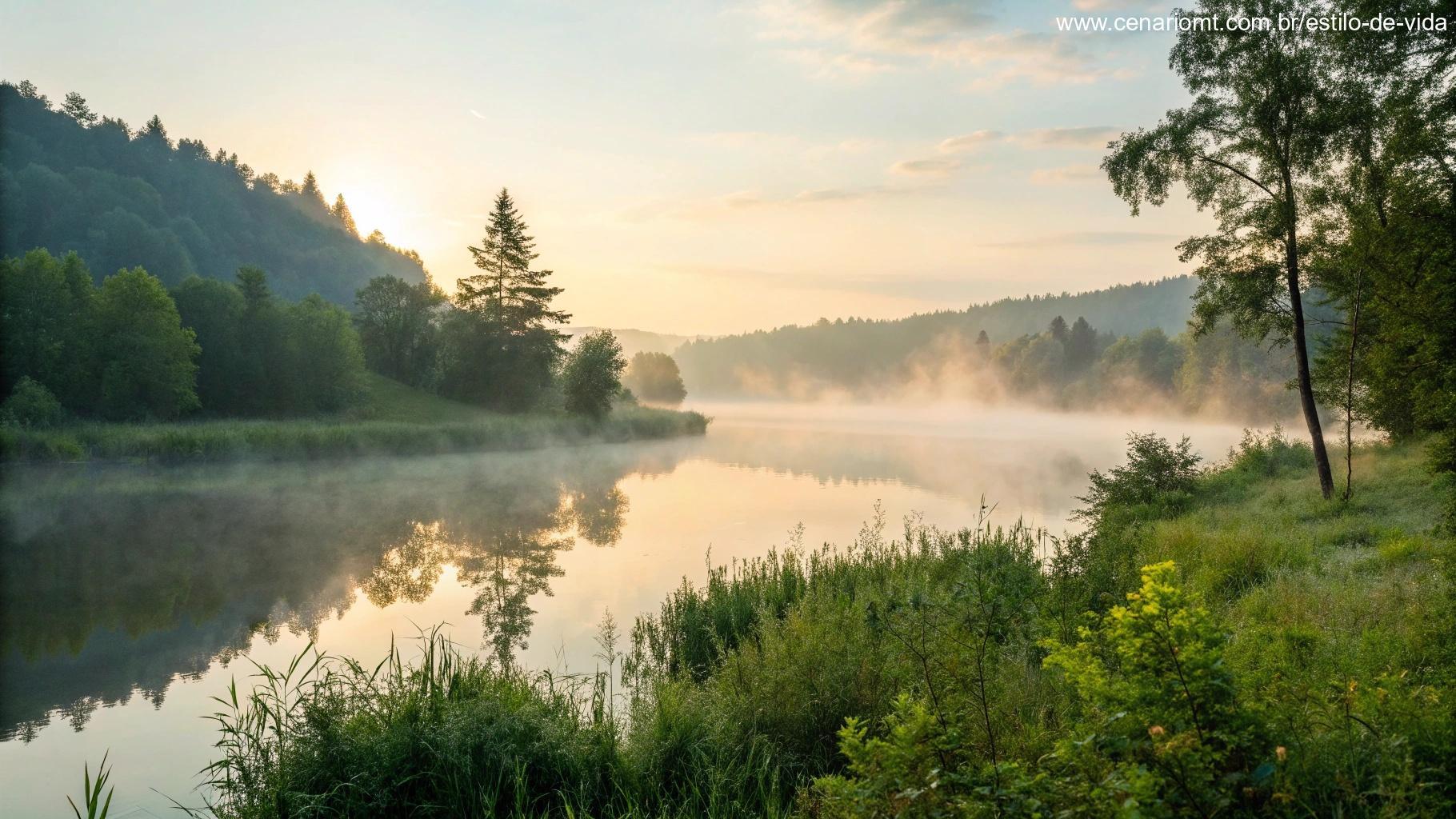 Mensagem de bom dia para quinta-feira com paisagem serena de um lago e neblina suave.