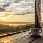 Imagem de um amanhecer tranquilo com raios dourados iluminando a paisagem, uma xícara de café sobre uma mesa de madeira próxima à janela.