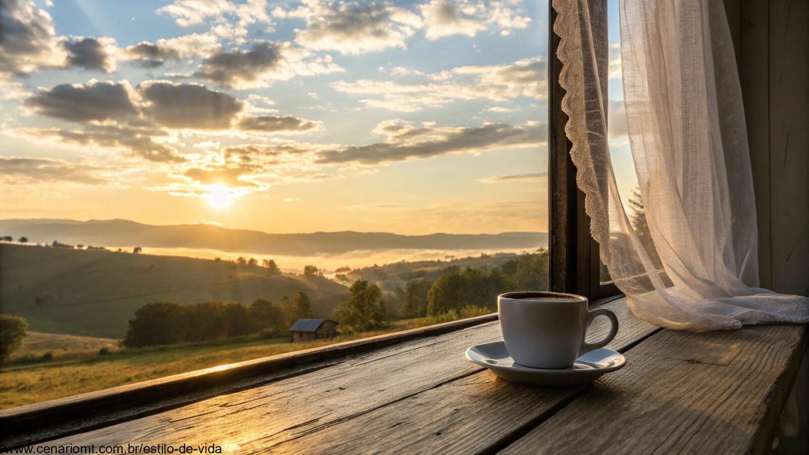 Imagem de um amanhecer tranquilo com raios dourados iluminando a paisagem, uma xícara de café sobre uma mesa de madeira próxima à janela.