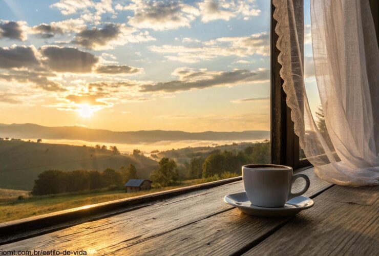 Imagem de um amanhecer tranquilo com raios dourados iluminando a paisagem, uma xícara de café sobre uma mesa de madeira próxima à janela.