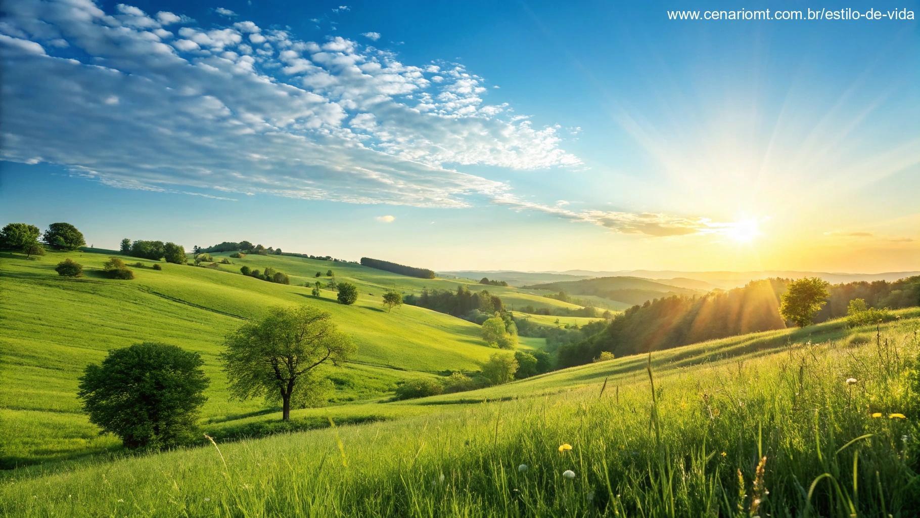 Uma paisagem brilhante e refrescante com céus azuis claros, campos verdes e uma brisa suave fazendo a grama balançar. O sol está nascendo, criando uma atmosfera positiva e energizante.