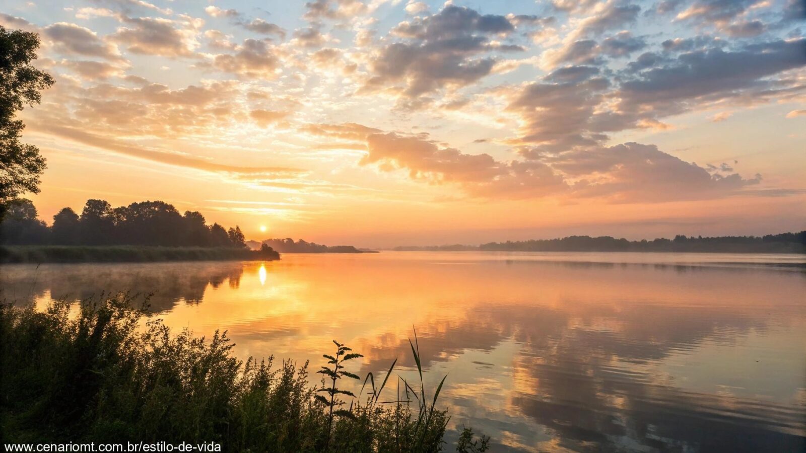 Imagem de um amanhecer sereno sobre um lago calmo, simbolizando positividade e um novo começo.