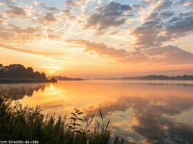 Imagem de um amanhecer sereno sobre um lago calmo, simbolizando positividade e um novo começo.