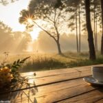 Cenário de manhã tranquila com luz dourada, café e flores.