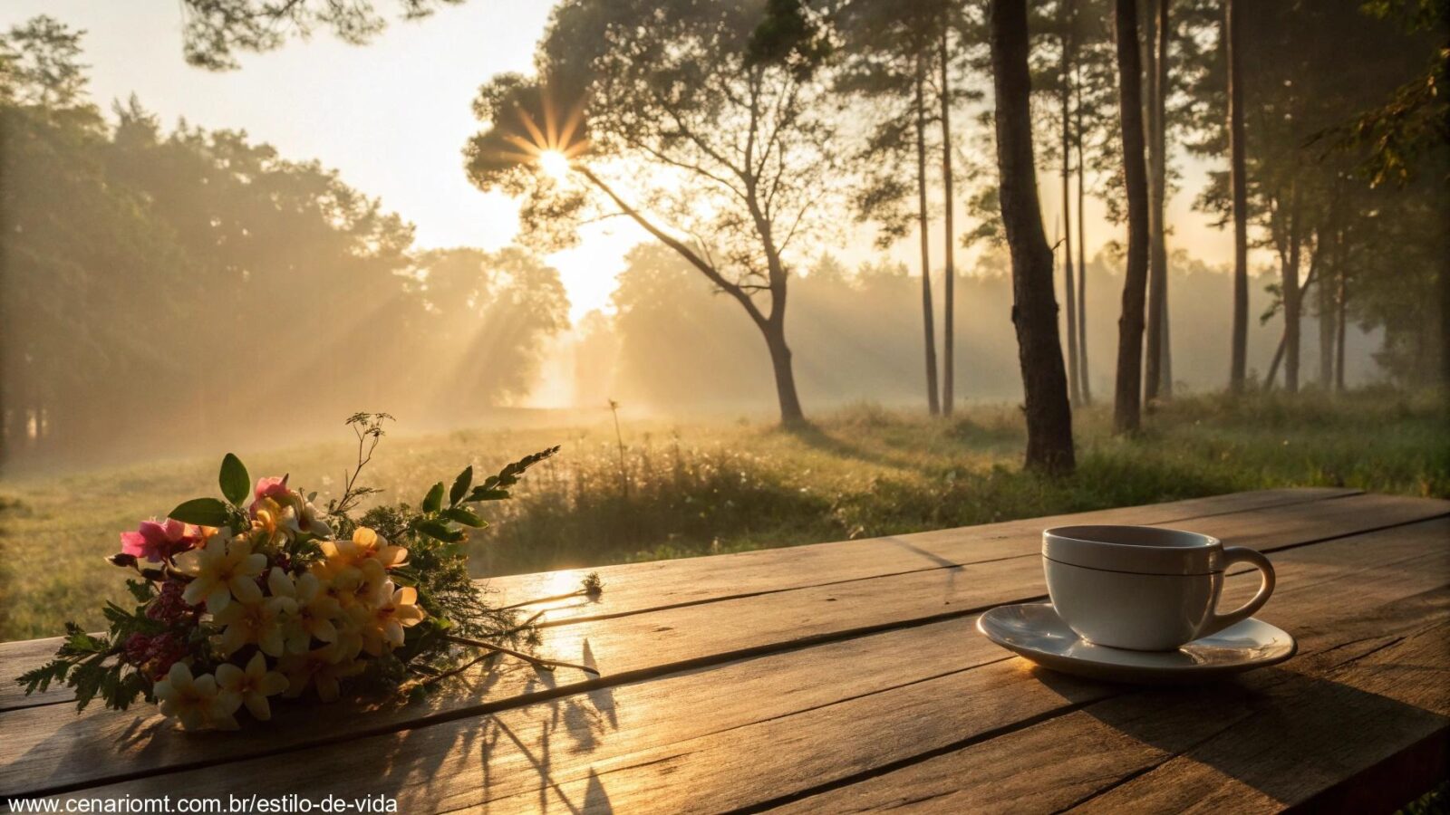 Cenário de manhã tranquila com luz dourada, café e flores.
