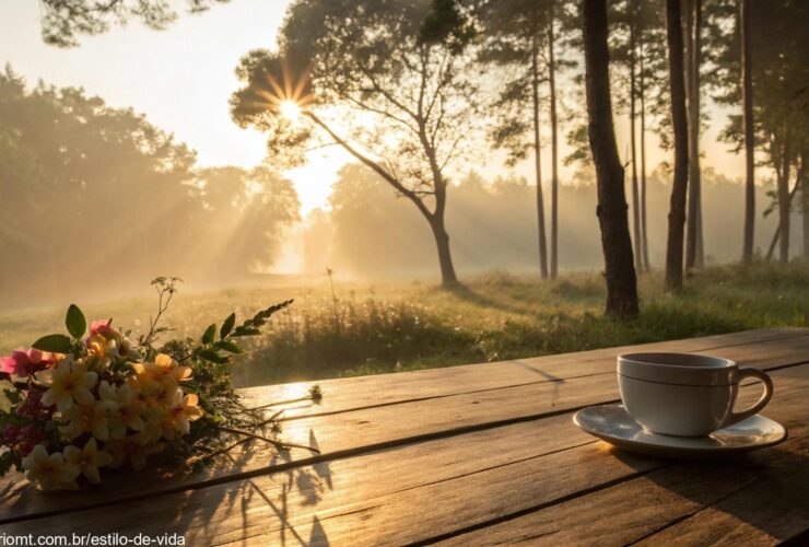 Cenário de manhã tranquila com luz dourada, café e flores.