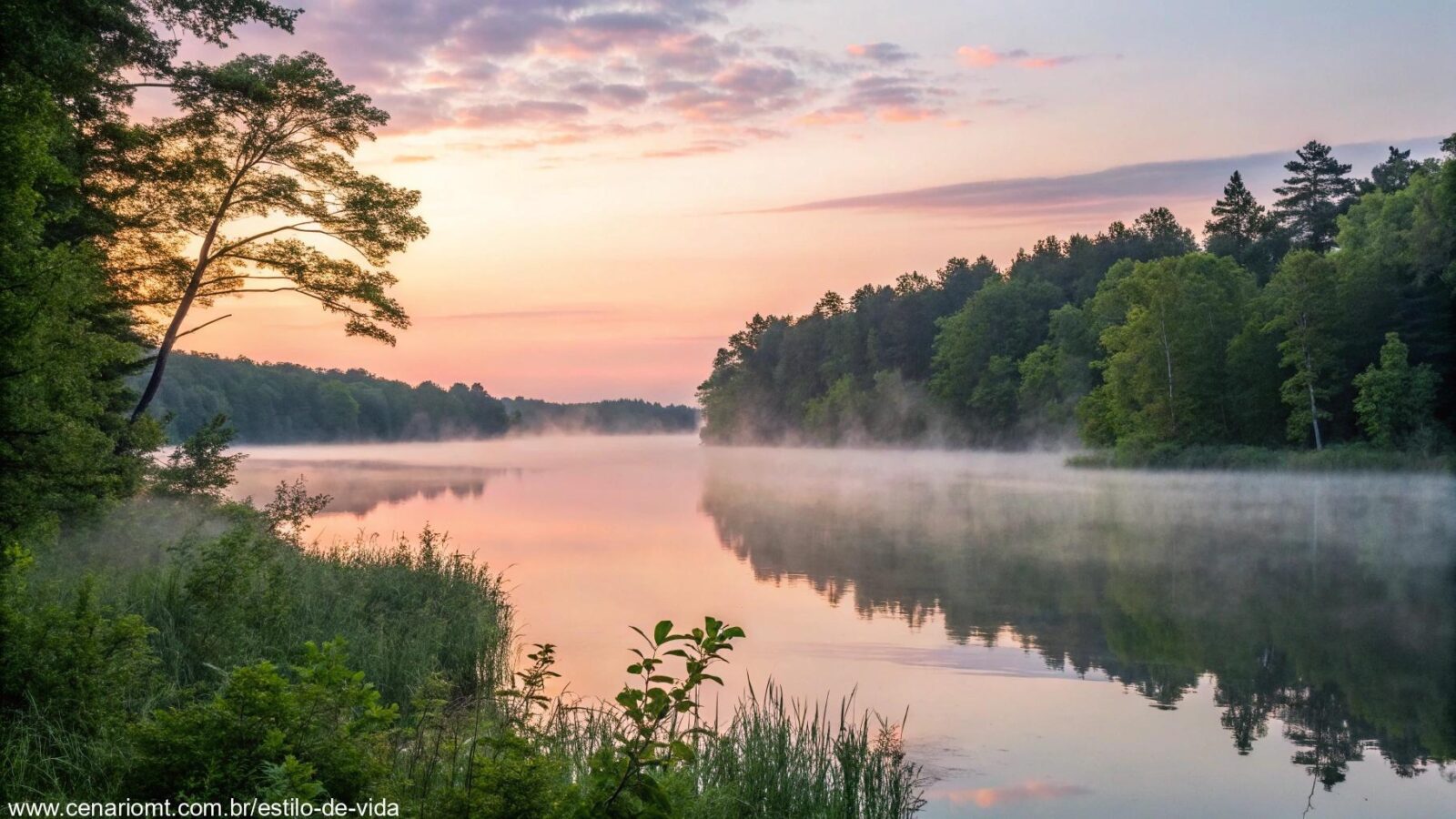 Um nascer do sol sereno sobre um lago calmo com cores pastéis suaves, cercado por árvores verdes exuberantes e uma névoa suave subindo da água
