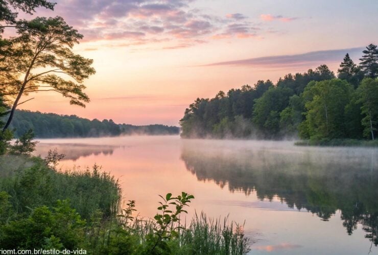 Um nascer do sol sereno sobre um lago calmo com cores pastéis suaves, cercado por árvores verdes exuberantes e uma névoa suave subindo da água