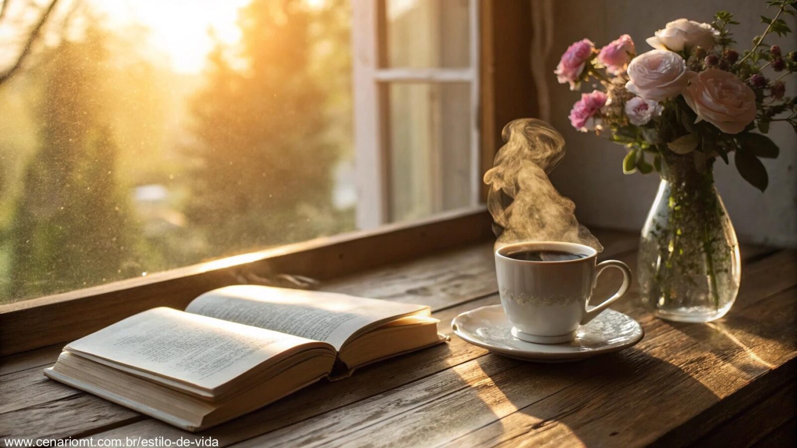 Cena de manhã de sábado com luz do sol dourada, café quente, livro aberto e flores em um vaso.