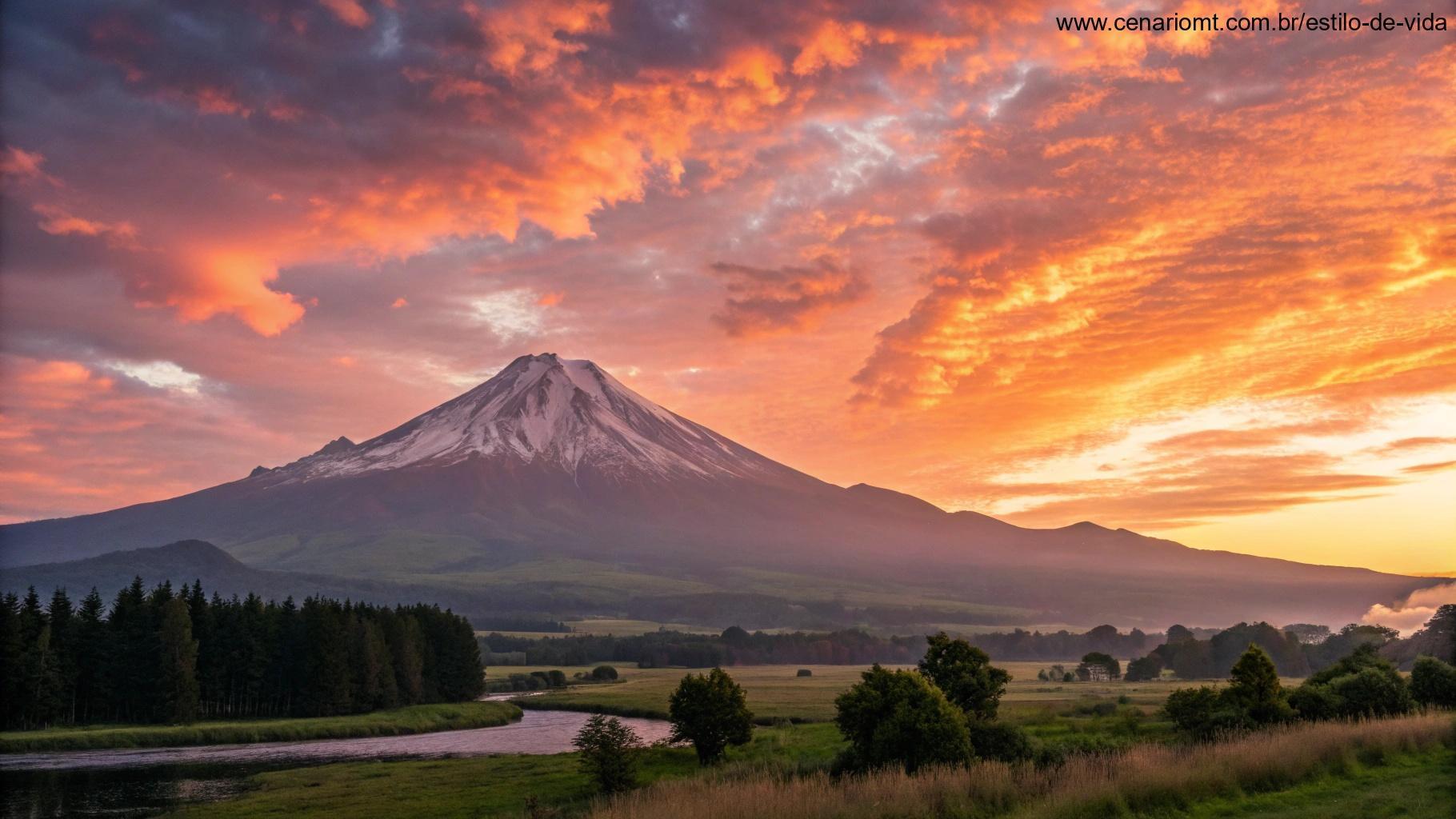 Vista inspiradora e serena de um pico de montanha tocado pela primeira luz do amanhecer com cores vibrantes de laranja e rosa no céu.