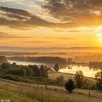 Amanhecer tranquilo iluminando a paisagem com luz dourada, simbolizando um início de semana cheio de energia.