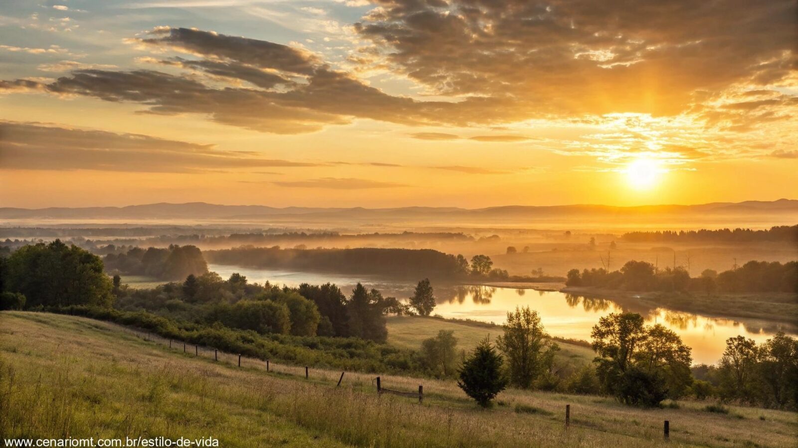 Amanhecer tranquilo iluminando a paisagem com luz dourada, simbolizando um início de semana cheio de energia.