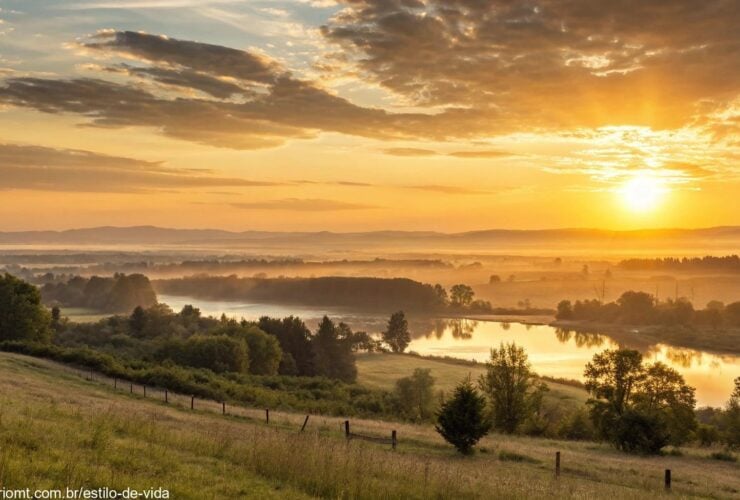 Amanhecer tranquilo iluminando a paisagem com luz dourada, simbolizando um início de semana cheio de energia.