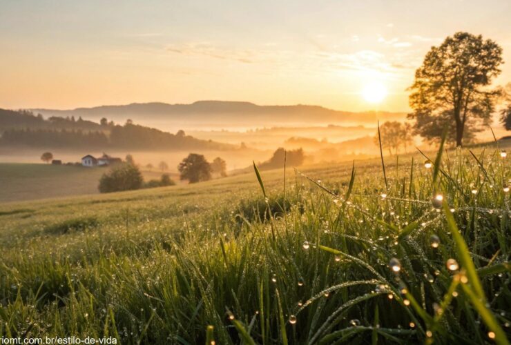 Nascer do sol sereno sobre o campo, luz dourada suave iluminando gotas de orvalho na grama fresca, evocando esperança e renovação para uma nova semana.