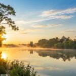 Nascer do sol tranquilo sobre um lago calmo com luz dourada refletindo na água, cercado por árvores verdes e um céu azul claro, evocando uma sensação de paz e novos começos