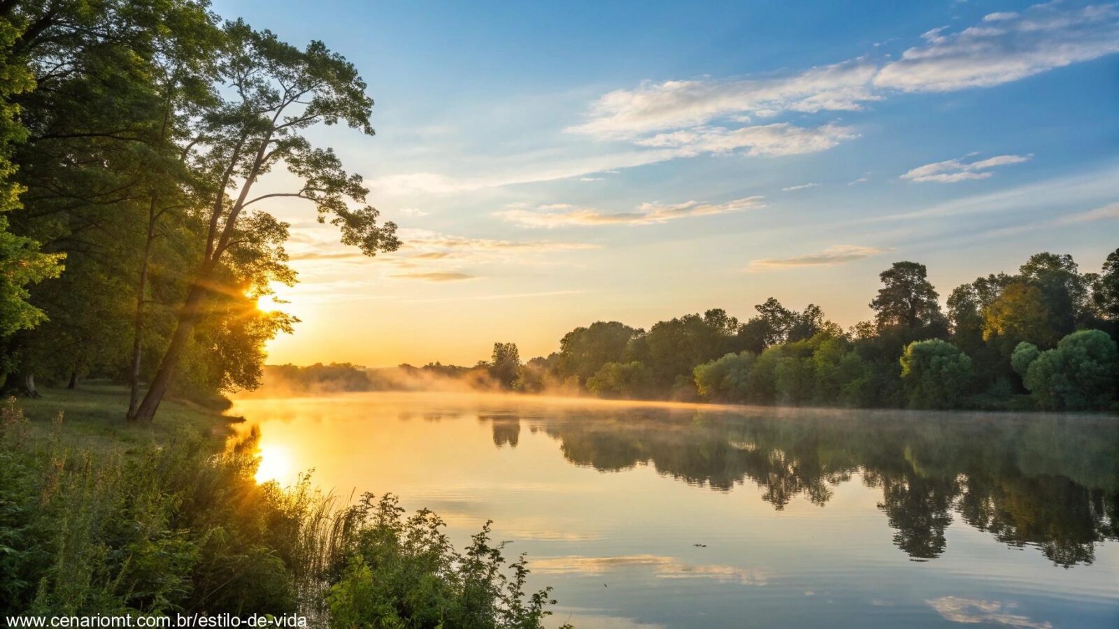 Nascer do sol tranquilo sobre um lago calmo com luz dourada refletindo na água, cercado por árvores verdes e um céu azul claro, evocando uma sensação de paz e novos começos