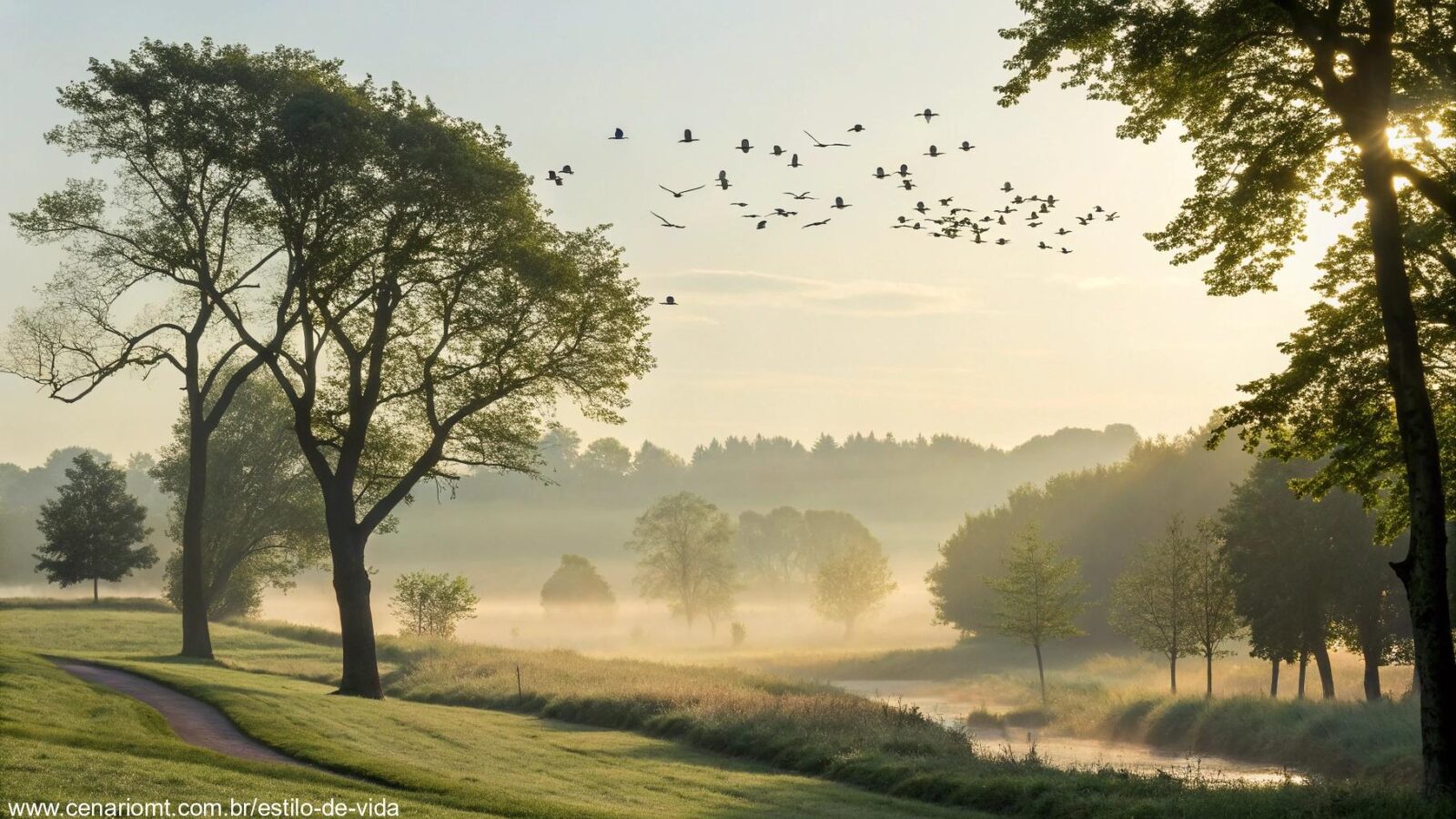 Imagem de uma manhã tranquila, com luz suave filtrando pelas árvores, pássaros cantando e uma paisagem calma, representando um novo começo para uma semana produtiva.