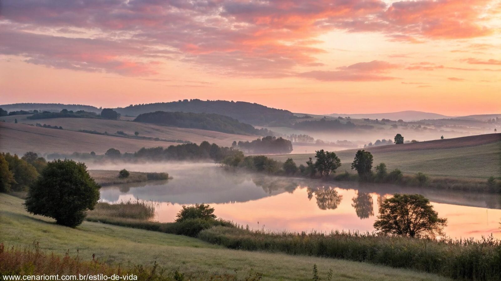 Cena serena de manhã com o nascer do sol sobre uma paisagem tranquila, transmitindo positividade e tranquilidade, ideal para uma mensagem de esperança e inspiração para a manhã de sexta-feira.