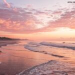 Uma imagem tranquila de um amanhecer sobre uma praia calma, com cores suaves e ondas suaves ao fundo, evocando uma sensação serena e esperançosa para a manhã de sexta-feira.