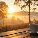 Imagem de um nascer do sol tranquilo com luz dourada brilhando através das árvores e uma xícara de café em uma mesa de madeira.