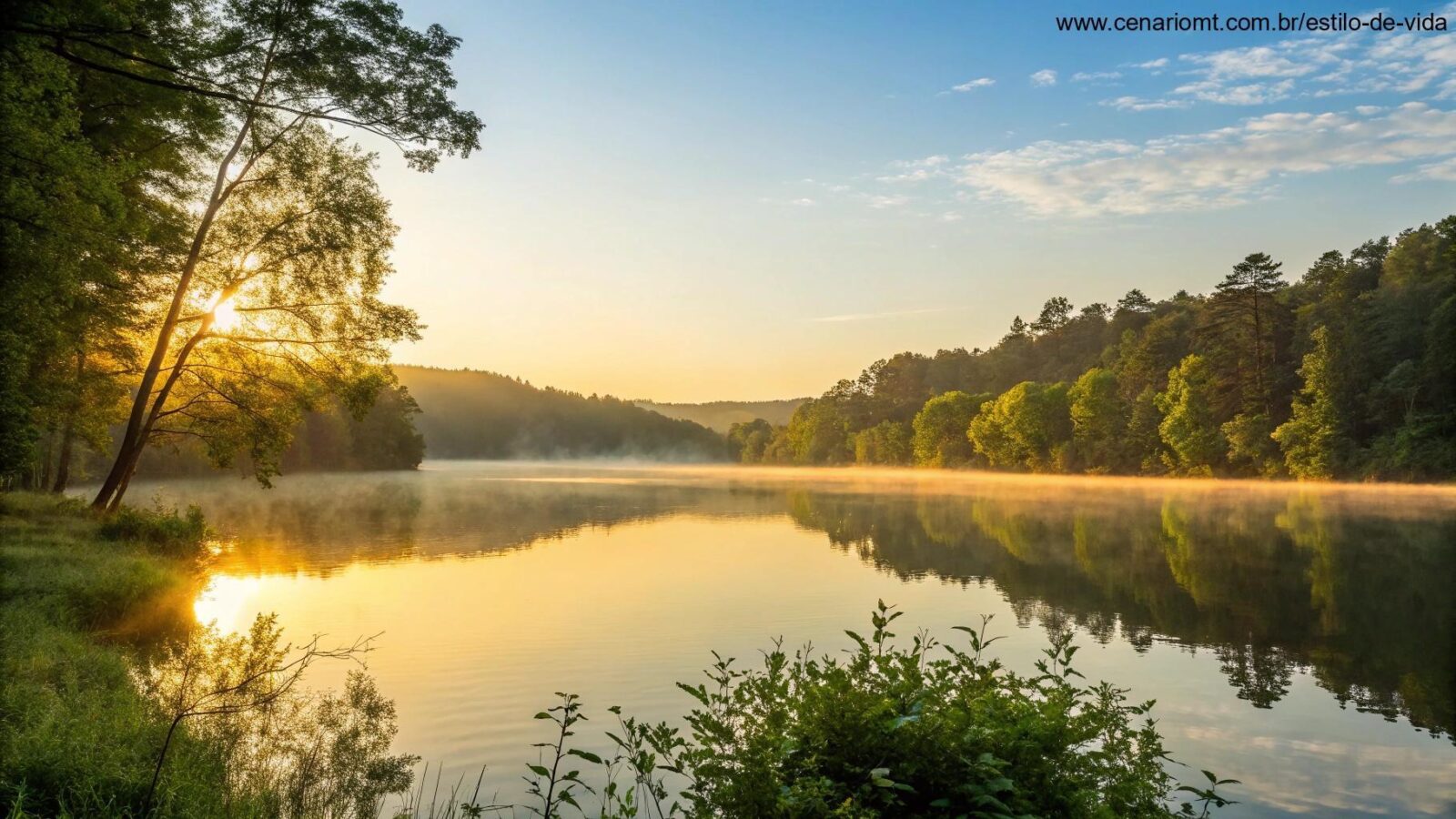 Nascer do sol tranquilo sobre um lago calmo com reflexos dourados na água, cercado por árvores verdes e céu azul