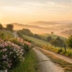 Amanhecer tranquilo no campo com luz dourada suave e flores desabrochando.