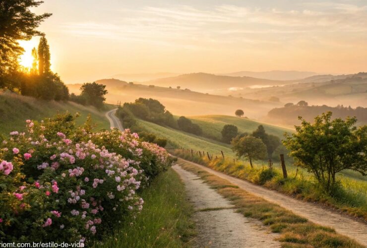Amanhecer tranquilo no campo com luz dourada suave e flores desabrochando.