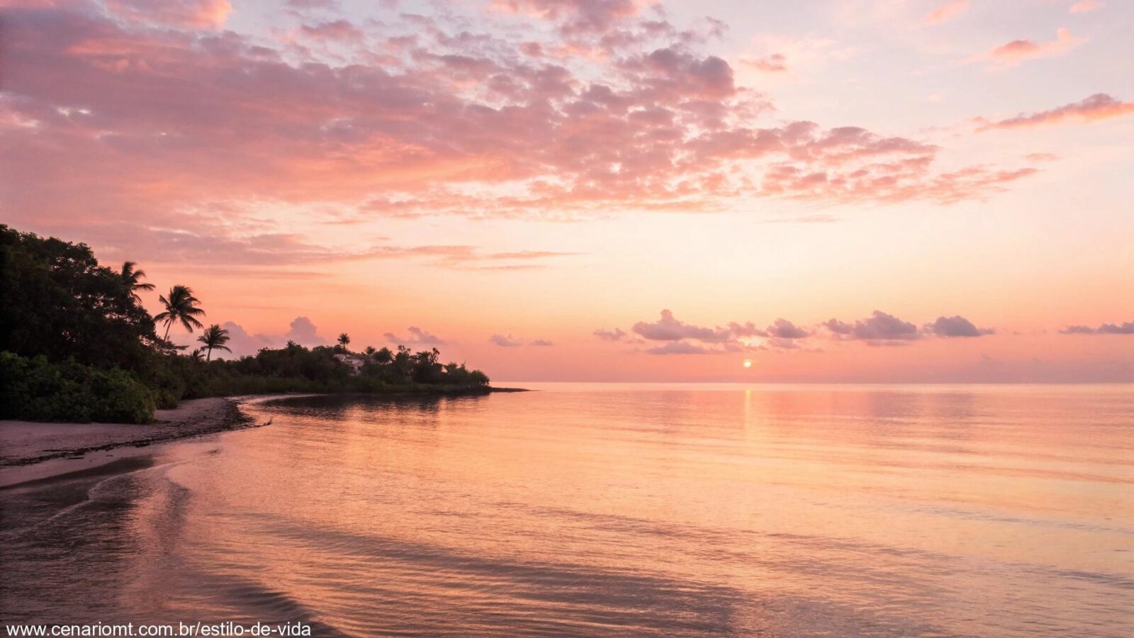 Imagem de um nascer do sol sereno sobre o mar calmo, simbolizando o começo de uma manhã positiva e inspiradora de terça-feira.