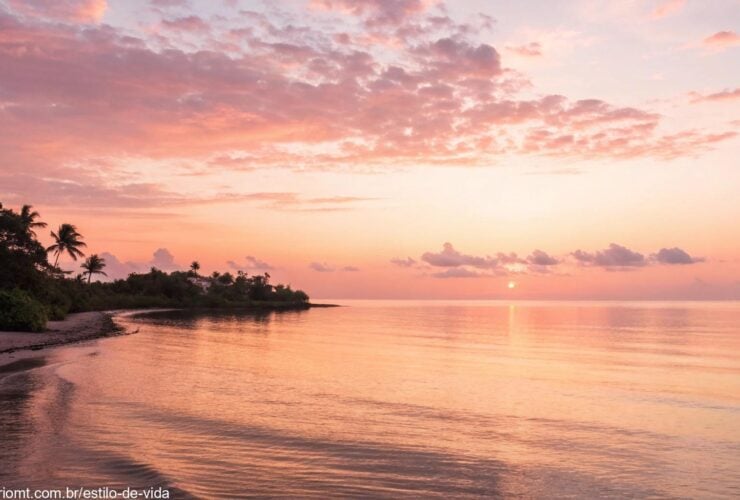 Imagem de um nascer do sol sereno sobre o mar calmo, simbolizando o começo de uma manhã positiva e inspiradora de terça-feira.
