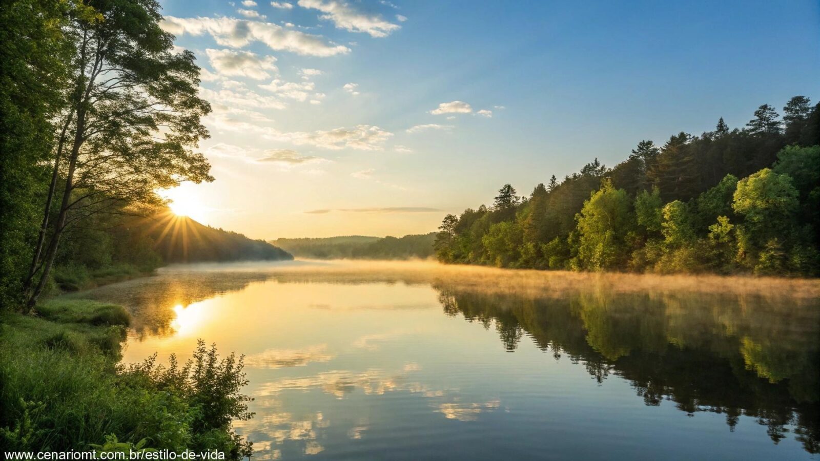 Nascer do sol sereno sobre um lago calmo com luz dourada refletindo na água, cercado por árvores verdes e um céu azul claro